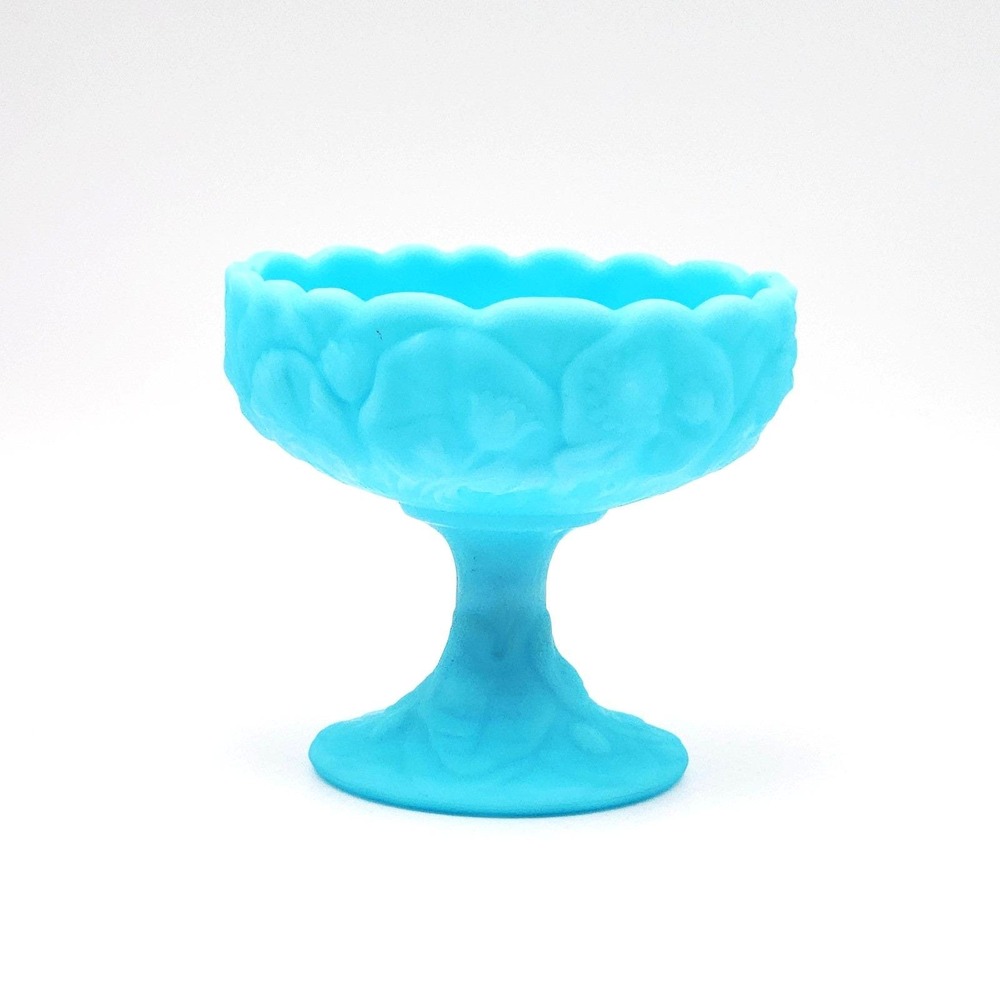 Vintage Fenton Satin Blue Glass Water Lily Footed Pedestal Compote Embossed